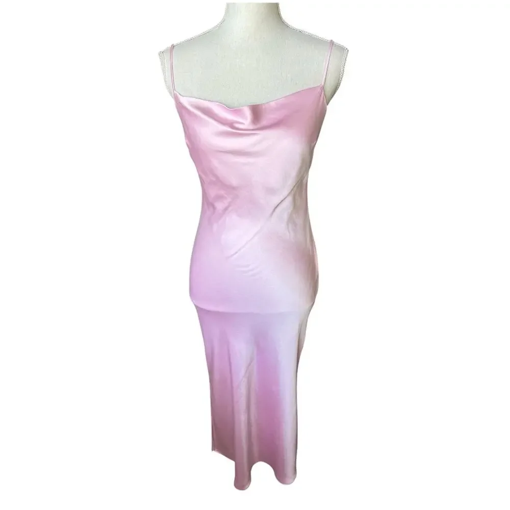 Express pink satin slip dress midi cowl neck sleeveless feminine spring - Picture 2 of 9